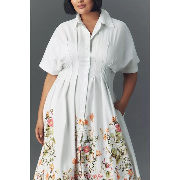 nwt ANTHROPOLOGIE EXQUISE sz 2X The Tobie Pleated midi dress in white floral - Picture 2 of 3